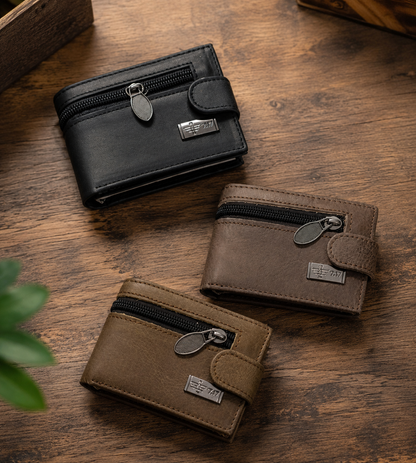 Premium Men’s Mini Leather Wallet With Zipper & Button